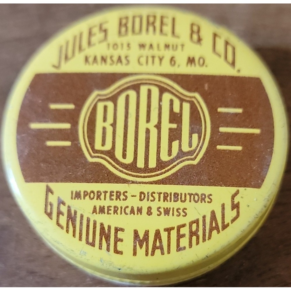 Vintage Jules Borel & Co Watch Parts Tin Kansas City MO Yellow Brown Round Metal